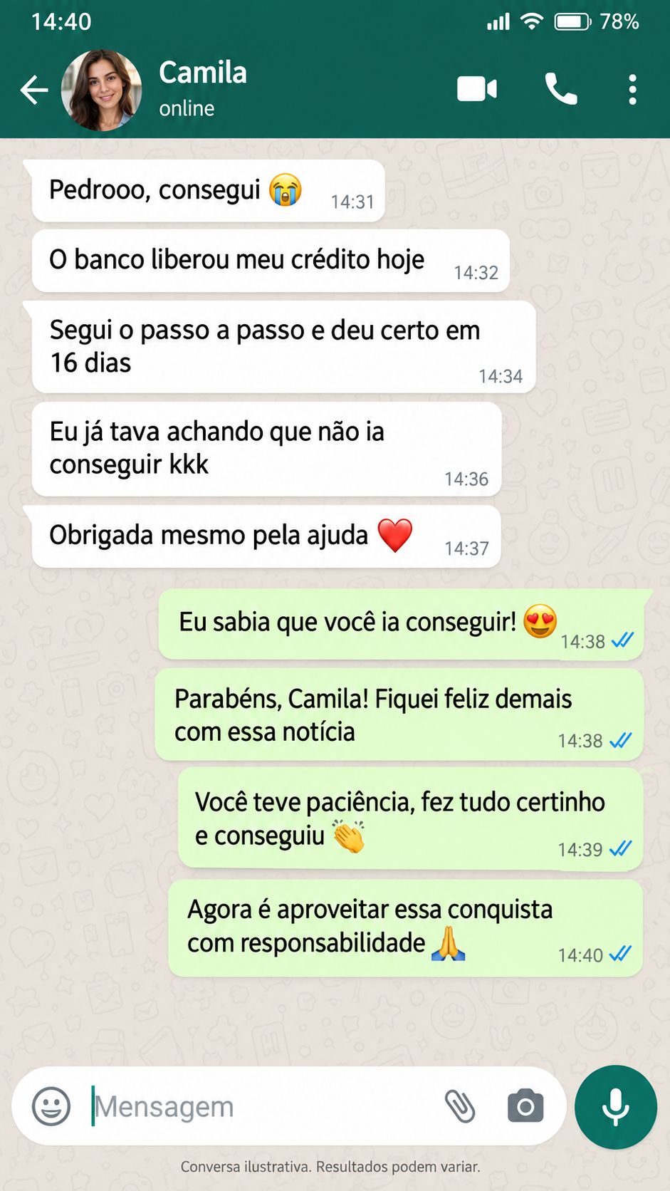 Conversa com Camila relatando crédito liberado após 16 dias