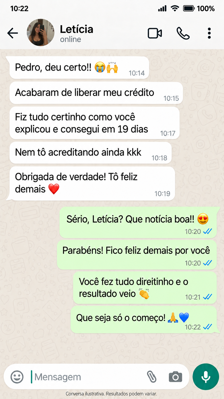 Conversa com Letícia relatando crédito liberado após 19 dias