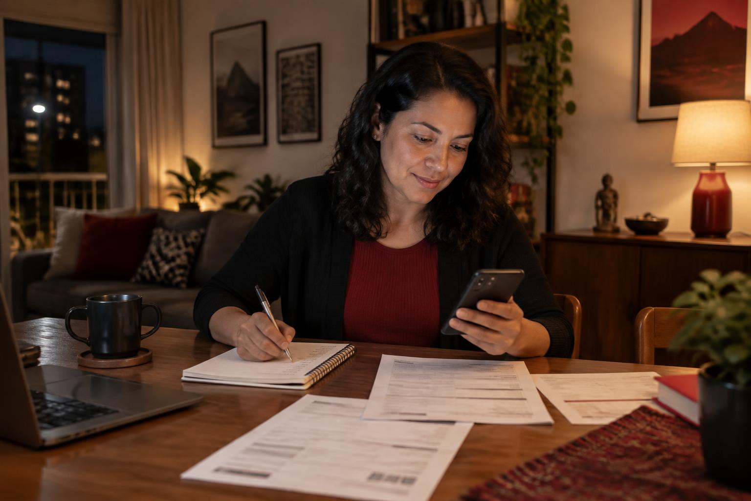 Mulher organizando documentos financeiros e consultando o celular em casa