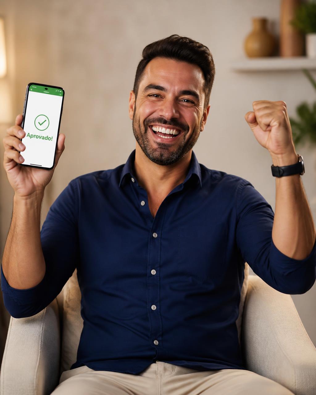 Homem comemorando a aprovação do seu crédito no celular